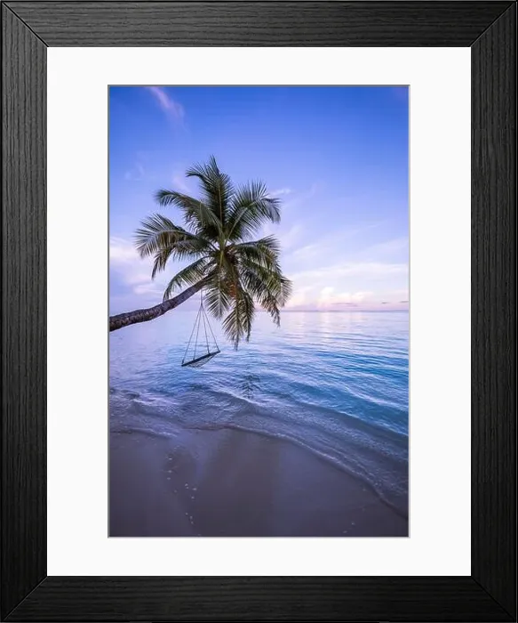 Framed Print : Amazing beach with palm trees and swing at sunset. Beautiful sunset on tropical sea beach background for travel in holiday relax time Framed Print : Amazing beach with palm trees and swing at sunset. Beautiful sunset on tropical sea beach background for travel in holiday relax time