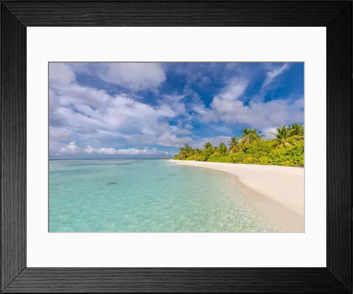 Framed Print : Tropical beach landscape, amazing coastline, island shore. Amazing paradise beach view, palm trees white sand and relaxing sea water. Summer vacation Framed Print : Tropical beach landscape, amazing coastline, island shore. Amazing paradise beach view, palm trees white sand and relaxing sea water. Summer vacation