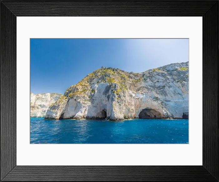 Framed Print : Greece, cliff landscape with sea as travel destination island with blue sky. Idyllic shoreline in Greece, Zakynthos Framed Print : Greece, cliff landscape with sea as travel destination island with blue sky. Idyllic shoreline in Greece, Zakynthos
