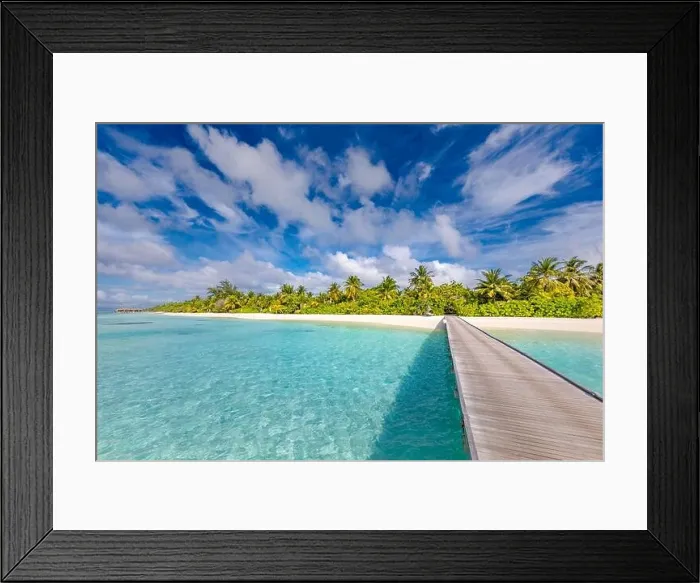 Framed Print : Maldives resort bridge jetty. Beautiful sunny landscape with palms and blue lagoon. Amazing summer travel destination, vacation holiday beach scenery Framed Print : Maldives resort bridge jetty. Beautiful sunny landscape with palms and blue lagoon. Amazing summer travel destination, vacation holiday beach scenery