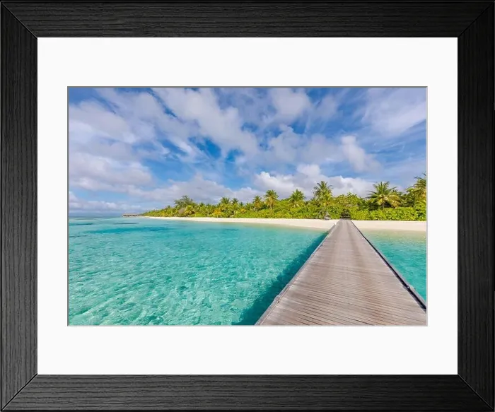 Framed Print : Maldives resort bridge jetty. Beautiful sunny landscape with palms and blue lagoon. Amazing summer travel destination, vacation holiday beach scenery Framed Print : Maldives resort bridge jetty. Beautiful sunny landscape with palms and blue lagoon. Amazing summer travel destination, vacation holiday beach scenery