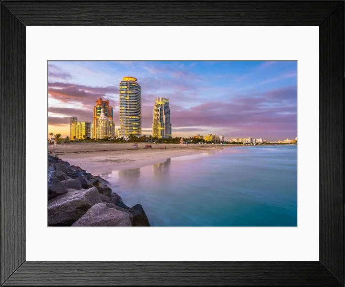 Framed Print : Miami Beach, Florida, USA skyline on the beach at twilight Framed Print : Miami Beach, Florida, USA skyline on the beach at twilight