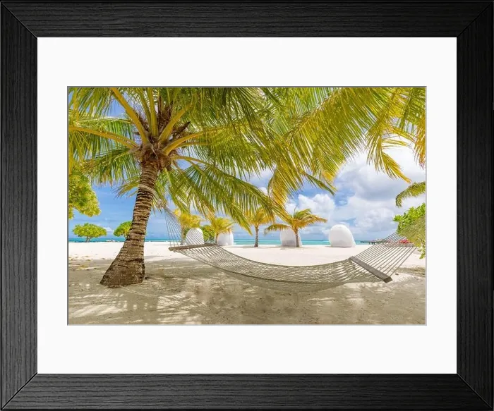 Framed Print : Beach hammock between palms trees cloudy sky, ocean. Sunny paradise beach with palm trees and traditional braided hammock