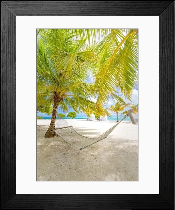 Framed Print : Beach hammock between palms trees cloudy sky, ocean. Sunny paradise beach with palm trees and traditional braided hammock