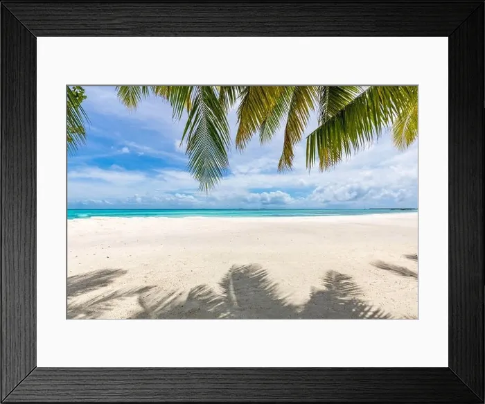 Framed Print : Palm tree leaves over luxury beach. Perfect tropical white sand beach with coconut palm, summer vacation holiday background concept Framed Print : Palm tree leaves over luxury beach. Perfect tropical white sand beach with coconut palm, summer vacation holiday background concept