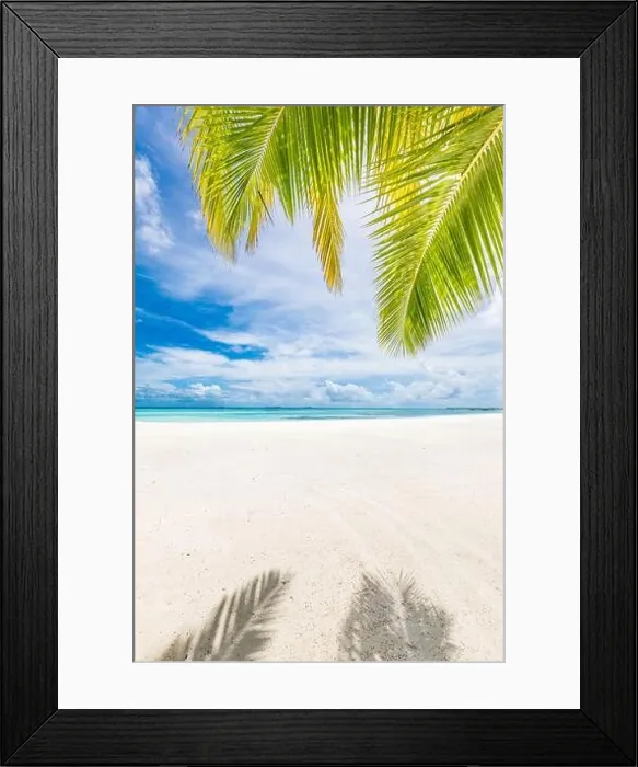 Framed Print : Palm tree leaves over luxury beach. Perfect tropical white sand beach with coconut palm, summer vacation holiday background concept Framed Print : Palm tree leaves over luxury beach. Perfect tropical white sand beach with coconut palm, summer vacation holiday background concept