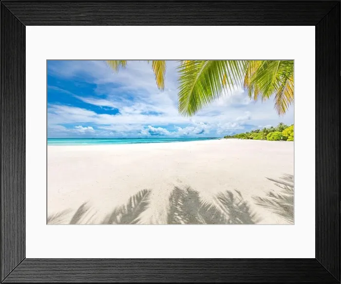 Framed Print : Palm tree leaves over luxury beach. Perfect tropical white sand beach with coconut palm, summer vacation holiday background concept Framed Print : Palm tree leaves over luxury beach. Perfect tropical white sand beach with coconut palm, summer vacation holiday background concept