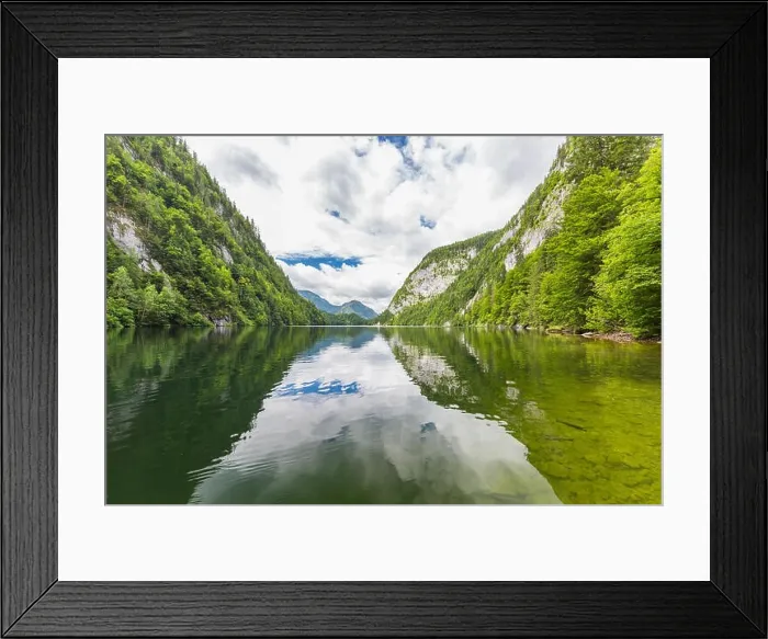 Framed Print : Mountain lake landscape, beautiful scenery with clouds and pine trees over lake reflection