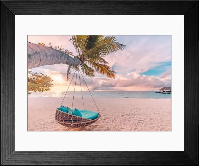 Framed Print : Tropical beach sunset panorama as summer landscape with beach swing hammock and white sand, calm sea for beach banner. Perfect beach scene vacation Framed Print : Tropical beach sunset panorama as summer landscape with beach swing hammock and white sand, calm sea for beach banner. Perfect beach scene vacation