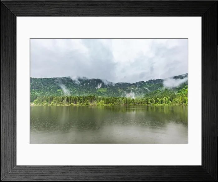 Framed Print : Mountain lake landscape, beautiful scenery with clouds and pine trees over lake reflection Framed Print : Mountain lake landscape, beautiful scenery with clouds and pine trees over lake reflection