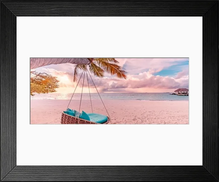 Framed Print : Tropical beach sunset panorama as summer landscape with beach swing hammock and white sand, calm sea for beach banner. Perfect beach scene vacation Framed Print : Tropical beach sunset panorama as summer landscape with beach swing hammock and white sand, calm sea for beach banner. Perfect beach scene vacation