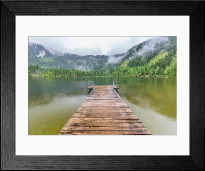 Framed Print : Mountain lake landscape, beautiful scenery with clouds and pine trees over lake reflection