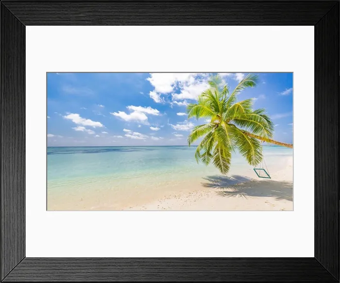 Framed Print : Vacation beach, palm over blue sea, idyllic tropical landscape with blue sky and clouds. Resort Framed Print : Vacation beach, palm over blue sea, idyllic tropical landscape with blue sky and clouds. Resort