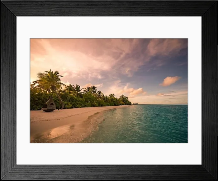 Framed Print : Vacation sunset at the beach. Palm trees sunset background. Waves, twilight sky clouds. Amazing island palms beach background, nature sunset landscape Framed Print : Vacation sunset at the beach. Palm trees sunset background. Waves, twilight sky clouds. Amazing island palms beach background, nature sunset landscape