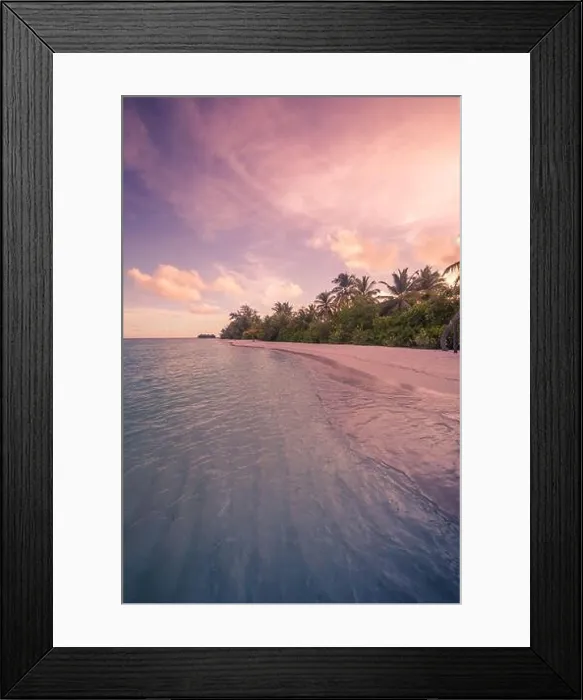 Framed Print : Vacation sunset at the beach. Palm trees sunset background. Waves, twilight sky clouds. Amazing island palms beach background, nature sunset landscape Framed Print : Vacation sunset at the beach. Palm trees sunset background. Waves, twilight sky clouds. Amazing island palms beach background, nature sunset landscape