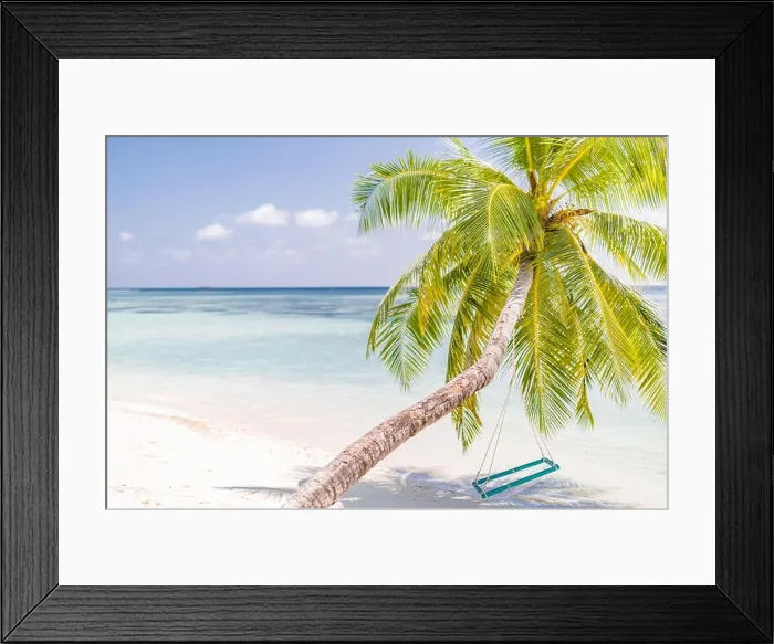 Framed Print : Vacation beach, palm over blue sea, idyllic tropical landscape with blue sky and clouds. Resort Framed Print : Vacation beach, palm over blue sea, idyllic tropical landscape with blue sky and clouds. Resort