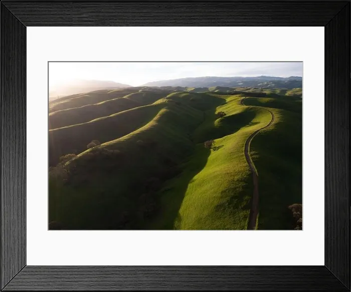 Framed Print : Bright morning sunlight shines on green, grass-covered hills in the Tri-valley region of Northern California, just east of San Francisco Bay Framed Print : Bright morning sunlight shines on green, grass-covered hills in the Tri-valley region of Northern California, just east of San Francisco Bay