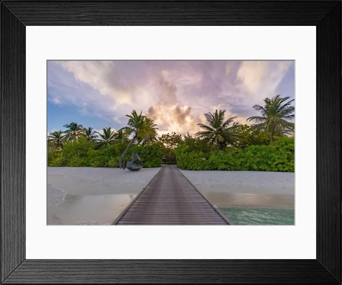 Framed Print : Beautiful sunset beach scene. Colorful sky and clouds view calm sea and relaxing tropical mood landscape. Jetty pathway paradise island, amazing scene Framed Print : Beautiful sunset beach scene. Colorful sky and clouds view calm sea and relaxing tropical mood landscape. Jetty pathway paradise island, amazing scene