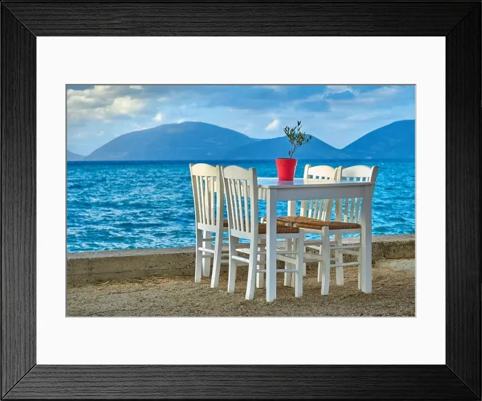 Framed Print : Table with chairs in traditional Greek tavern, Sami, Kefalonia Island, Greece Framed Print : Table with chairs in traditional Greek tavern, Sami, Kefalonia Island, Greece