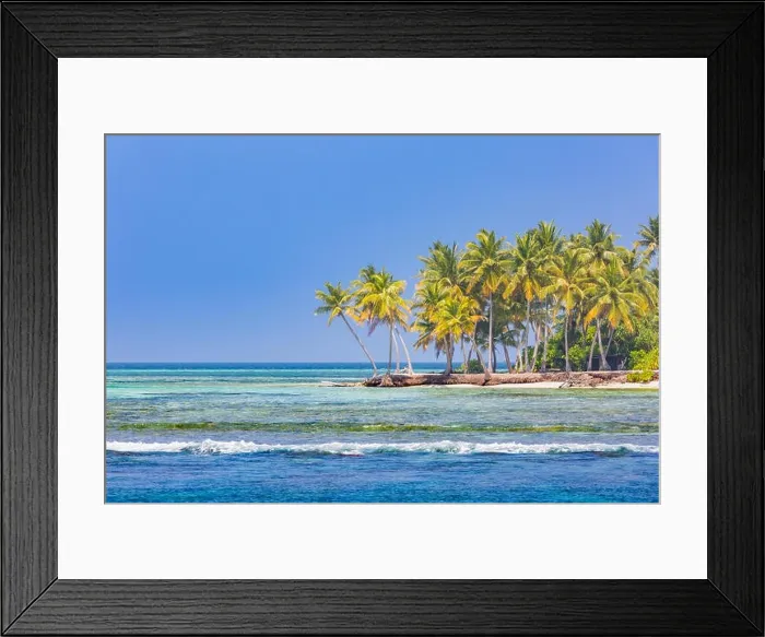 Framed Print : Tropical island beach. Palm trees near blue sea, tranquil nature concept. Exotic beach scenery Framed Print : Tropical island beach. Palm trees near blue sea, tranquil nature concept. Exotic beach scenery