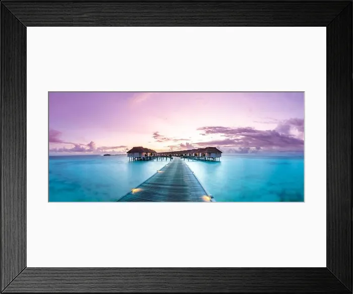 Framed Print : Panorama sunset landscape in Maldives. Beautiful twilight sky and colorful clouds. Beautiful beach background for vacation holiday banner Framed Print : Panorama sunset landscape in Maldives. Beautiful twilight sky and colorful clouds. Beautiful beach background for vacation holiday banner