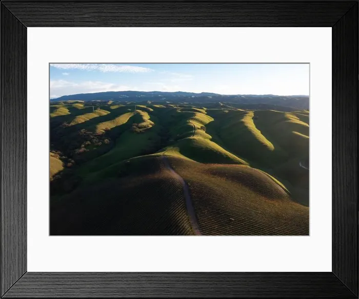 Framed Print : Evening sunlight shines on rolling hills in the scenic Tri-valley region of Northern California, just east of San Francisco Bay