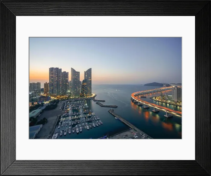 Framed Print : Busan city skyline view at Haeundae district, Gwangalli Beach with yacht pier at Busan, South Korea Framed Print : Busan city skyline view at Haeundae district, Gwangalli Beach with yacht pier at Busan, South Korea
