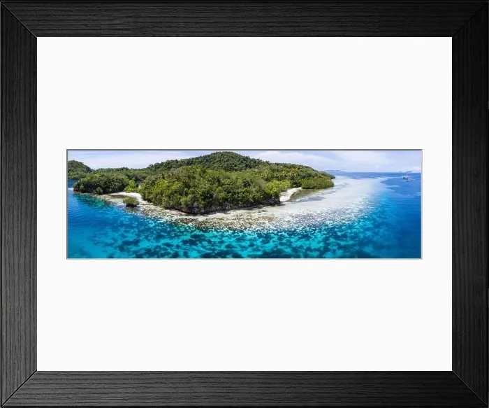Framed Print : Beautiful coral reefs fringe remote limestone islands in Raja Ampat, Indonesia. The reefs here are home to the world's greatest marine biodiversity