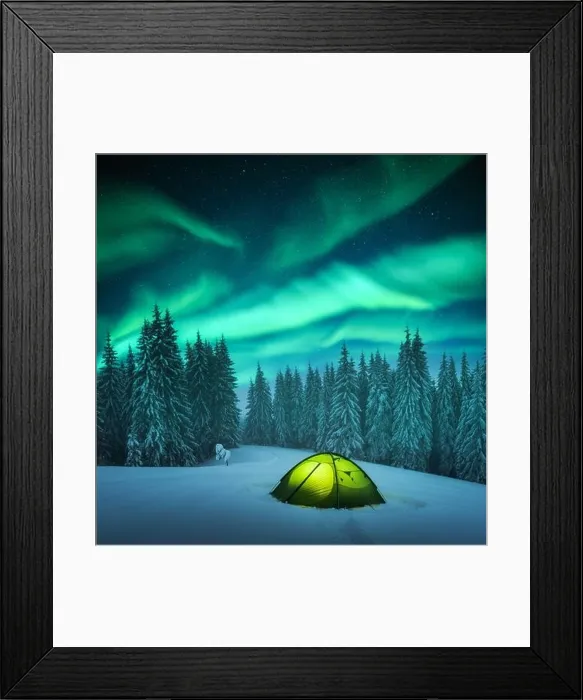 Framed Print : Yellow tent lighted from the inside against the backdrop of incredible starry sky with Aurora borealis. Amazing night landscape Framed Print : Yellow tent lighted from the inside against the backdrop of incredible starry sky with Aurora borealis. Amazing night landscape