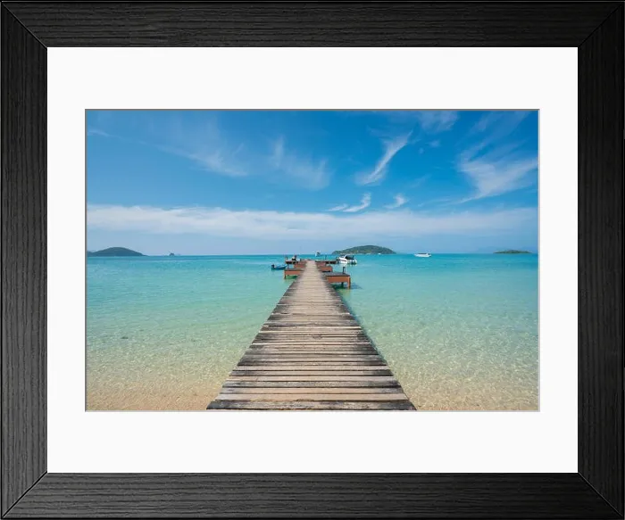 Framed Print : Wooden pier with boat in Phuket, Thailand. Summer, Travel, Vacation and Holiday concept Framed Print : Wooden pier with boat in Phuket, Thailand. Summer, Travel, Vacation and Holiday concept