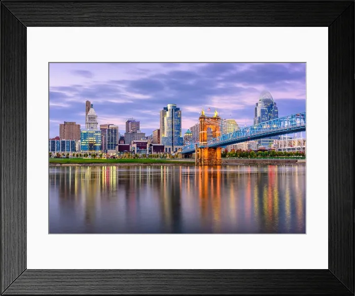 Framed Print : Cincinnati, Ohio, USA downtown skyline and bridge on the river at dusk Framed Print : Cincinnati, Ohio, USA downtown skyline and bridge on the river at dusk