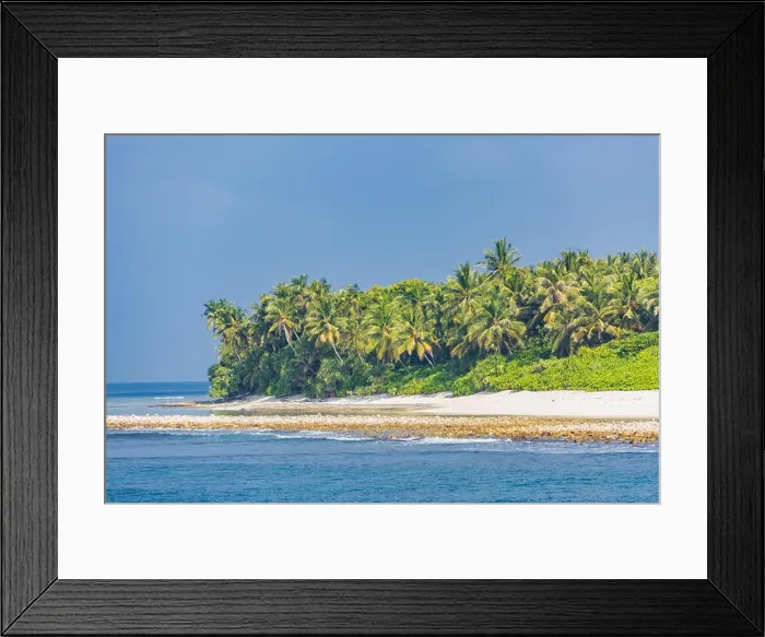 Framed Print : Exotic island with palm trees and coral reef edge. Amazing tropical paradise background. Summer travel beach landscape Framed Print : Exotic island with palm trees and coral reef edge. Amazing tropical paradise background. Summer travel beach landscape