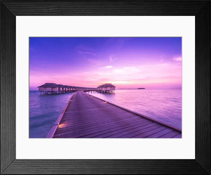 Framed Print : Sunset landscape on Maldives island beach, water villas resort. Beautiful sky and clouds Framed Print : Sunset landscape on Maldives island beach, water villas resort. Beautiful sky and clouds
