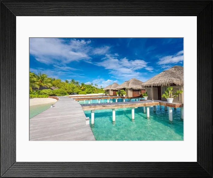 Framed Print : Water Villas bungalows on the perfect tropical Island, beautiful white sand on tropical beach blue water blue sky with coconut palm, Maldives islands Framed Print : Water Villas bungalows on the perfect tropical Island, beautiful white sand on tropical beach blue water blue sky with coconut palm, Maldives islands