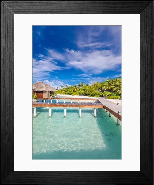 Framed Print : Water Villas bungalows on the perfect tropical Island, beautiful white sand on tropical beach blue water blue sky with coconut palm, Maldives islands Framed Print : Water Villas bungalows on the perfect tropical Island, beautiful white sand on tropical beach blue water blue sky with coconut palm, Maldives islands