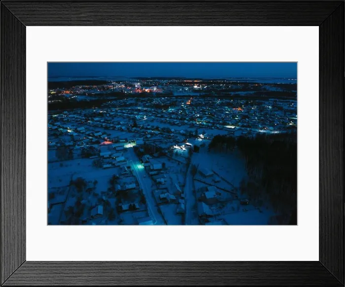 Framed Print : Aerial View Of Town Skyline Winter Night. Snowy Landscape Cityscape Skyline Framed Print : Aerial View Of Town Skyline Winter Night. Snowy Landscape Cityscape Skyline