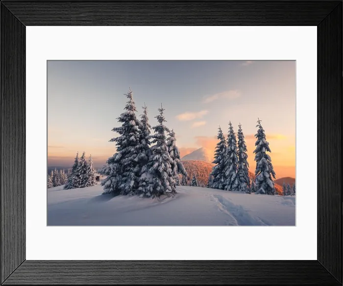 Framed Print : Fantastic orange winter landscape in snowy mountains glowing by sunlight. Dramatic wintry scene with snowy trees. Christmas holiday concept Framed Print : Fantastic orange winter landscape in snowy mountains glowing by sunlight. Dramatic wintry scene with snowy trees. Christmas holiday concept
