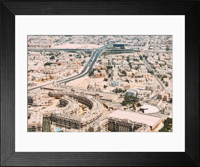 Framed Print : Aerial View Of Cityscape Of Dubai From Window Of Plane. Traffic In Residential District. United Arab Emirates Framed Print : Aerial View Of Cityscape Of Dubai From Window Of Plane. Traffic In Residential District. United Arab Emirates