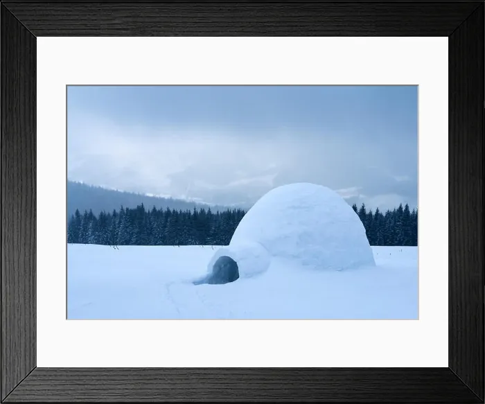 Framed Print : Real snow igloo house in the winter Carpathian mountains. Snow-covered firs on the background Framed Print : Real snow igloo house in the winter Carpathian mountains. Snow-covered firs on the background