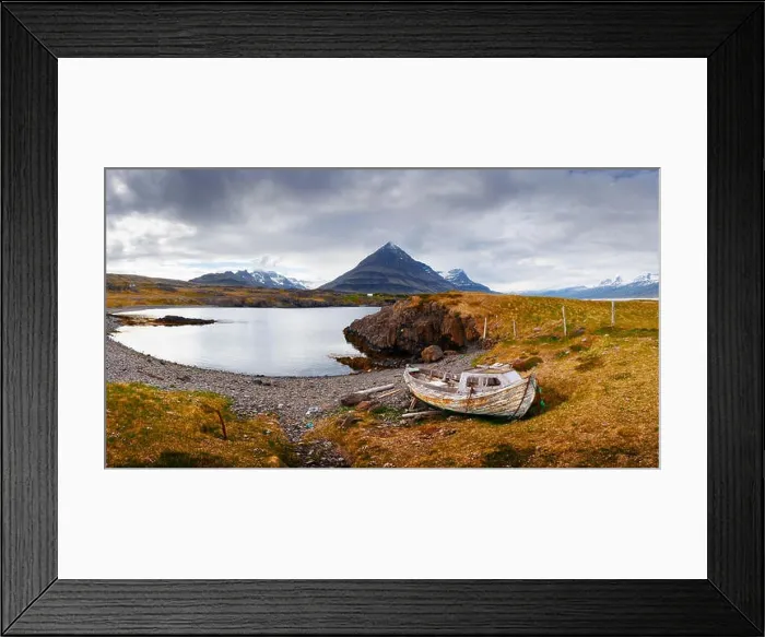 Framed Print : Typical Iceland landscape with fjord, mountains and old ship Framed Print : Typical Iceland landscape with fjord, mountains and old ship