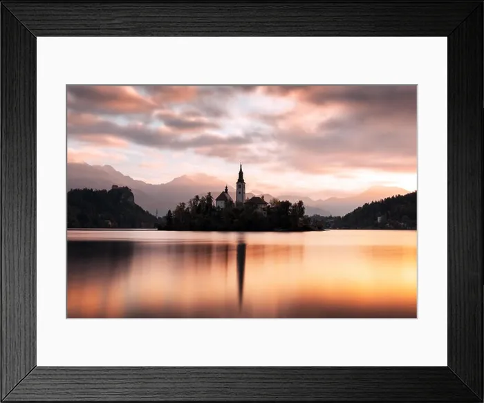 Framed Print : Colorful sunrise view of Bled lake in Julian Alps, Slovenia. Pilgrimage church of the Assumption of Maria on a foreground. Landscape photography Framed Print : Colorful sunrise view of Bled lake in Julian Alps, Slovenia. Pilgrimage church of the Assumption of Maria on a foreground. Landscape photography