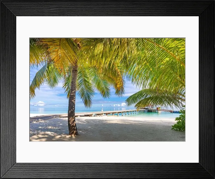 Framed Print : Tropical beach, Maldives. Jetty pathway into tranquil paradise island. Palm trees, white sand and blue sea, perfect summer vacation landscape holiday Framed Print : Tropical beach, Maldives. Jetty pathway into tranquil paradise island. Palm trees, white sand and blue sea, perfect summer vacation landscape holiday