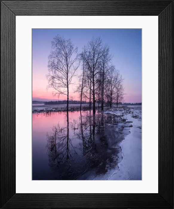 Framed Print : Winter landscape with sunset and smooth river at evening in Finland Framed Print : Winter landscape with sunset and smooth river at evening in Finland