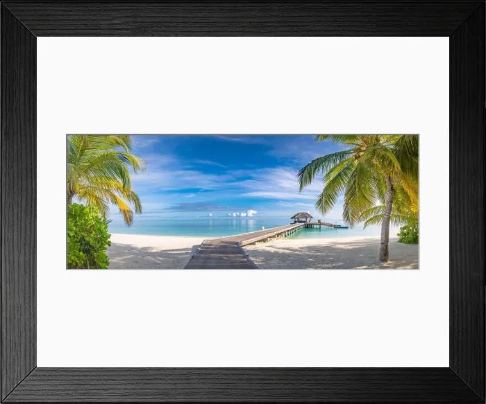 Framed Print : Tropical beach, Maldives. Jetty pathway into tranquil paradise island. Palm trees, white sand and blue sea, perfect summer vacation landscape holiday Framed Print : Tropical beach, Maldives. Jetty pathway into tranquil paradise island. Palm trees, white sand and blue sea, perfect summer vacation landscape holiday