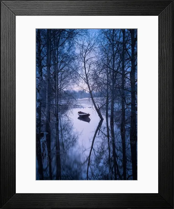 Framed Print : Winter landscape with sunset and boat at evening in Finland Framed Print : Winter landscape with sunset and boat at evening in Finland