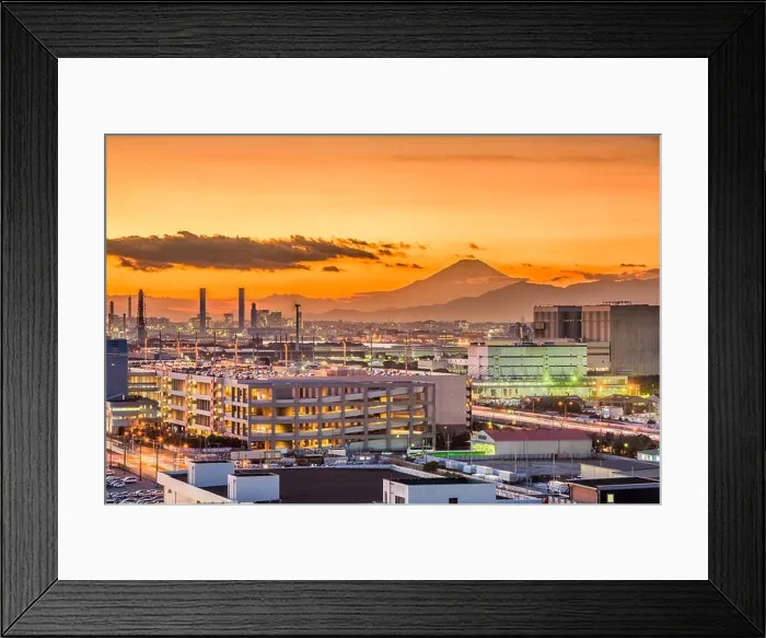 Framed Print : Kawasaki, Japan factories and Mt. Fuji Framed Print : Kawasaki, Japan factories and Mt. Fuji
