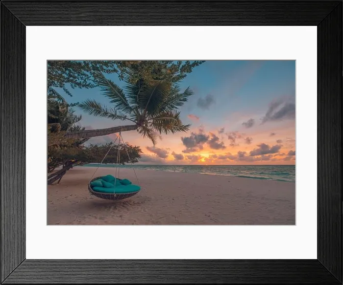 Framed Print : Tropical beach sunset landscape with beach swing or hammock and sunset sky white sand and calm sea for beach banner. Perfect beach scene vacation Framed Print : Tropical beach sunset landscape with beach swing or hammock and sunset sky white sand and calm sea for beach banner. Perfect beach scene vacation