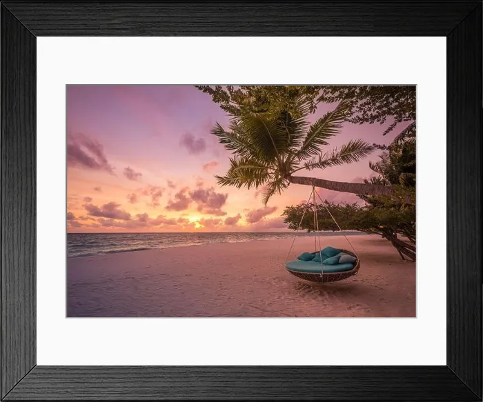 Framed Print : Tropical beach sunset landscape with beach swing or hammock and sunset sky white sand and calm sea for beach banner. Perfect beach scene vacation Framed Print : Tropical beach sunset landscape with beach swing or hammock and sunset sky white sand and calm sea for beach banner. Perfect beach scene vacation