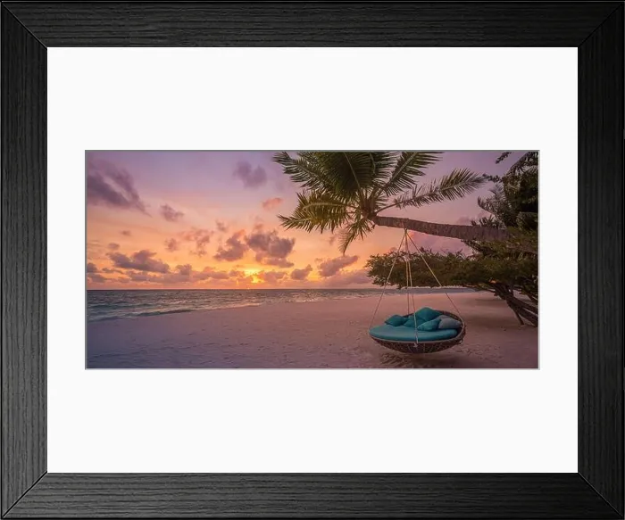 Framed Print : Tropical beach sunset landscape with beach swing or hammock and sunset sky white sand and calm sea for beach banner. Perfect beach scene vacation Framed Print : Tropical beach sunset landscape with beach swing or hammock and sunset sky white sand and calm sea for beach banner. Perfect beach scene vacation