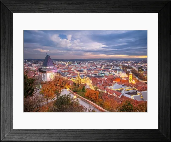 Framed Print : Graz, Austria. Cityscape image of the Graz, Austria with the Clock Tower at beautiful autumn sunset Framed Print : Graz, Austria. Cityscape image of the Graz, Austria with the Clock Tower at beautiful autumn sunset